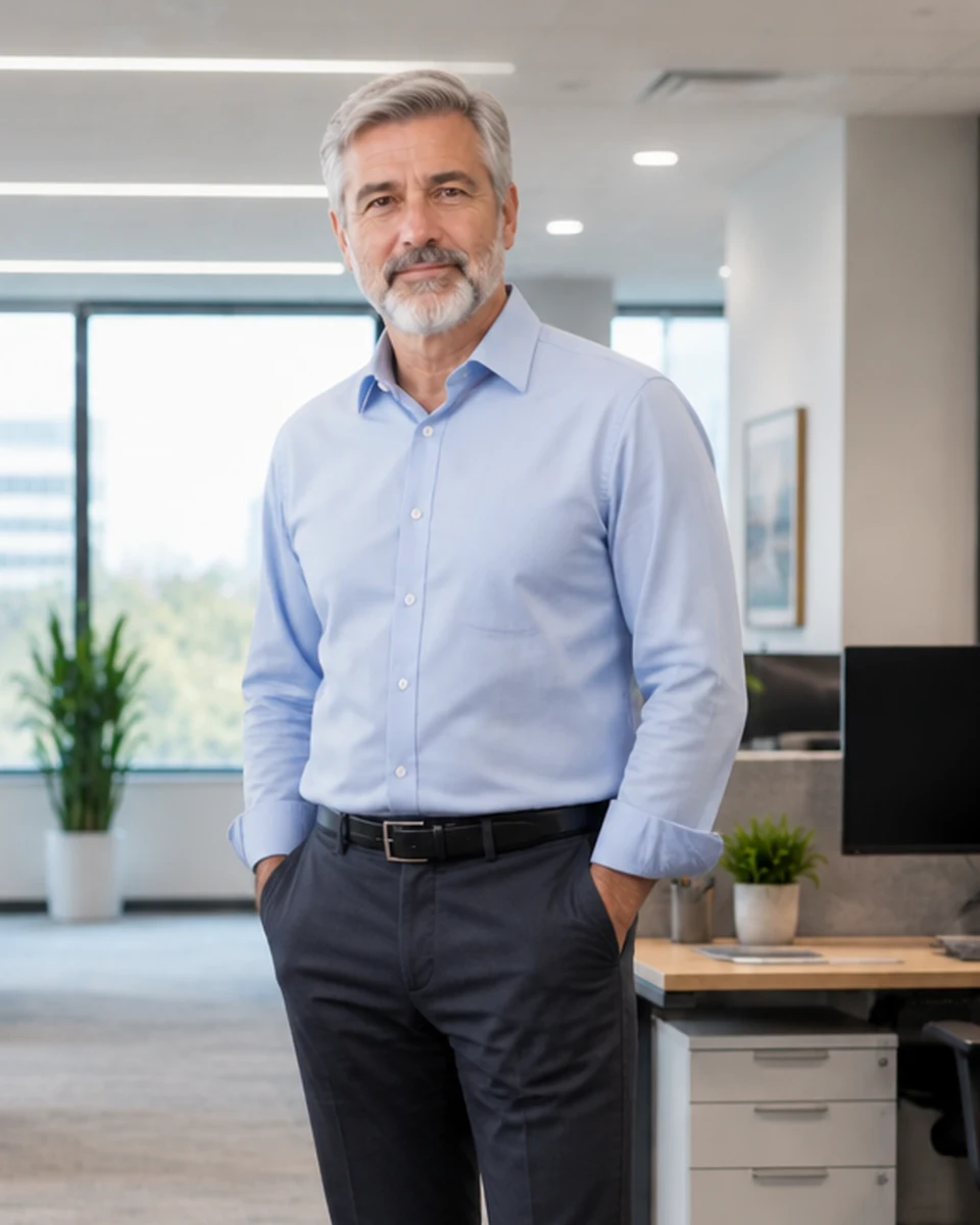 Frank, the familiar face of Better Work Words, in a light blue shirt in an office